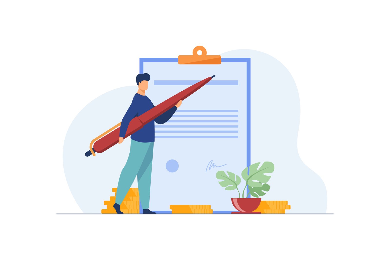 man signing contract with big pen