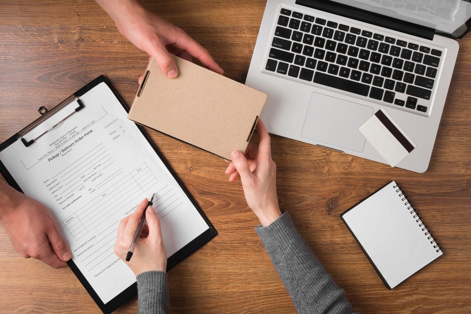 Replacement, Refund and Cancellation man handing cyber monday package woman